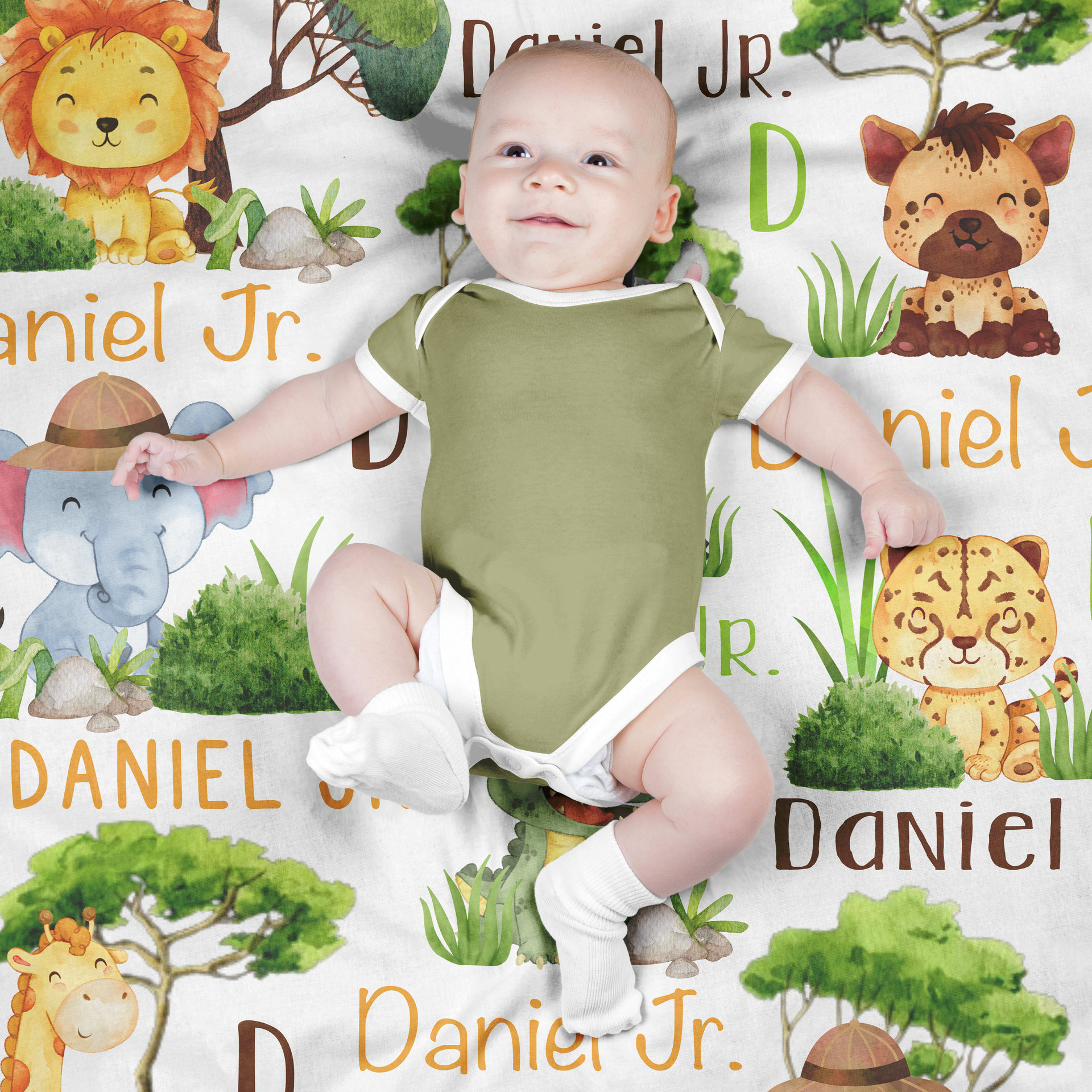 Personalized African Safari Animals Baby Blanket