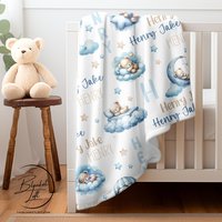 Personalized Blue Sleeping Teddy Bears Baby Blanket 