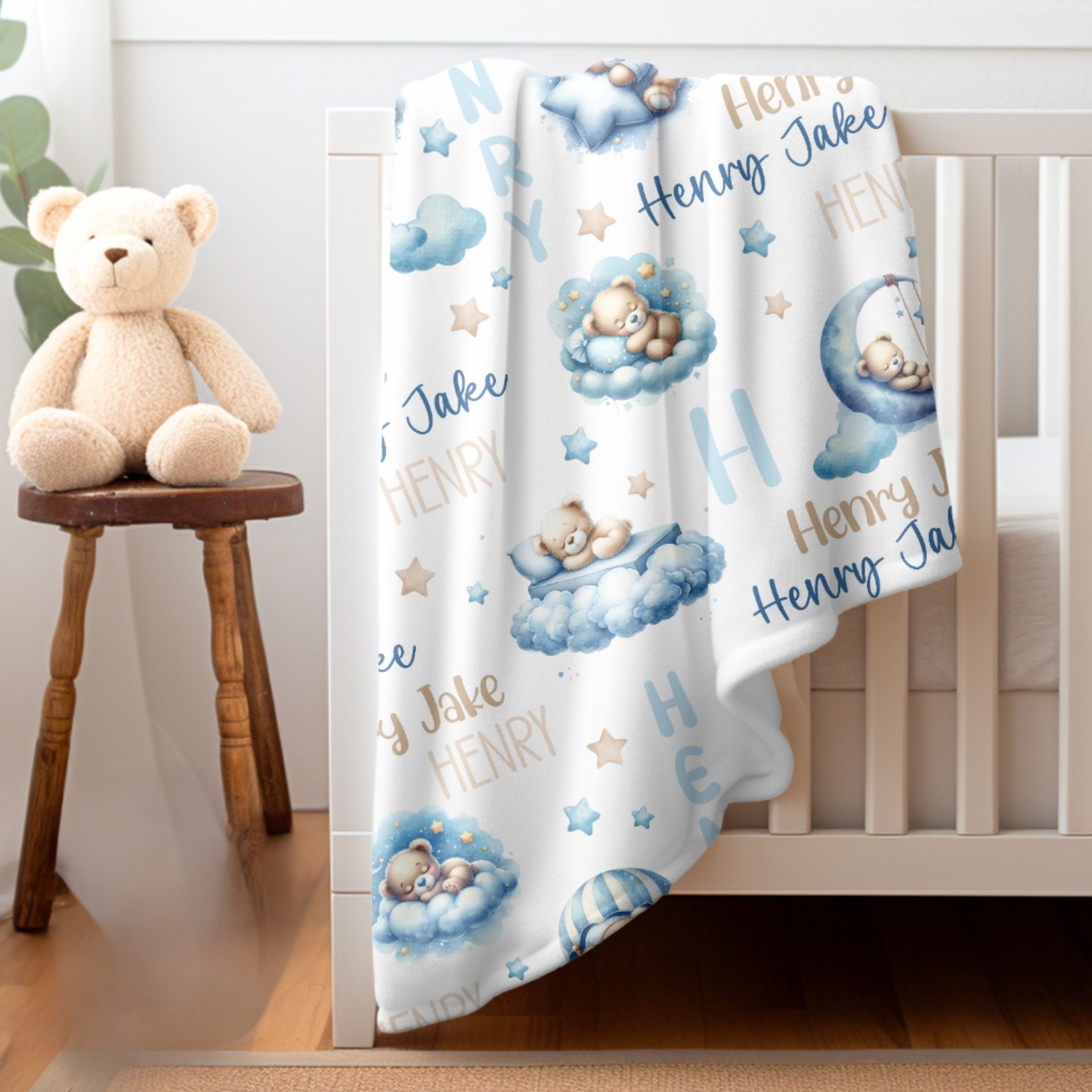 Personalized Blue Sleeping Teddy Bears Baby Blanket 