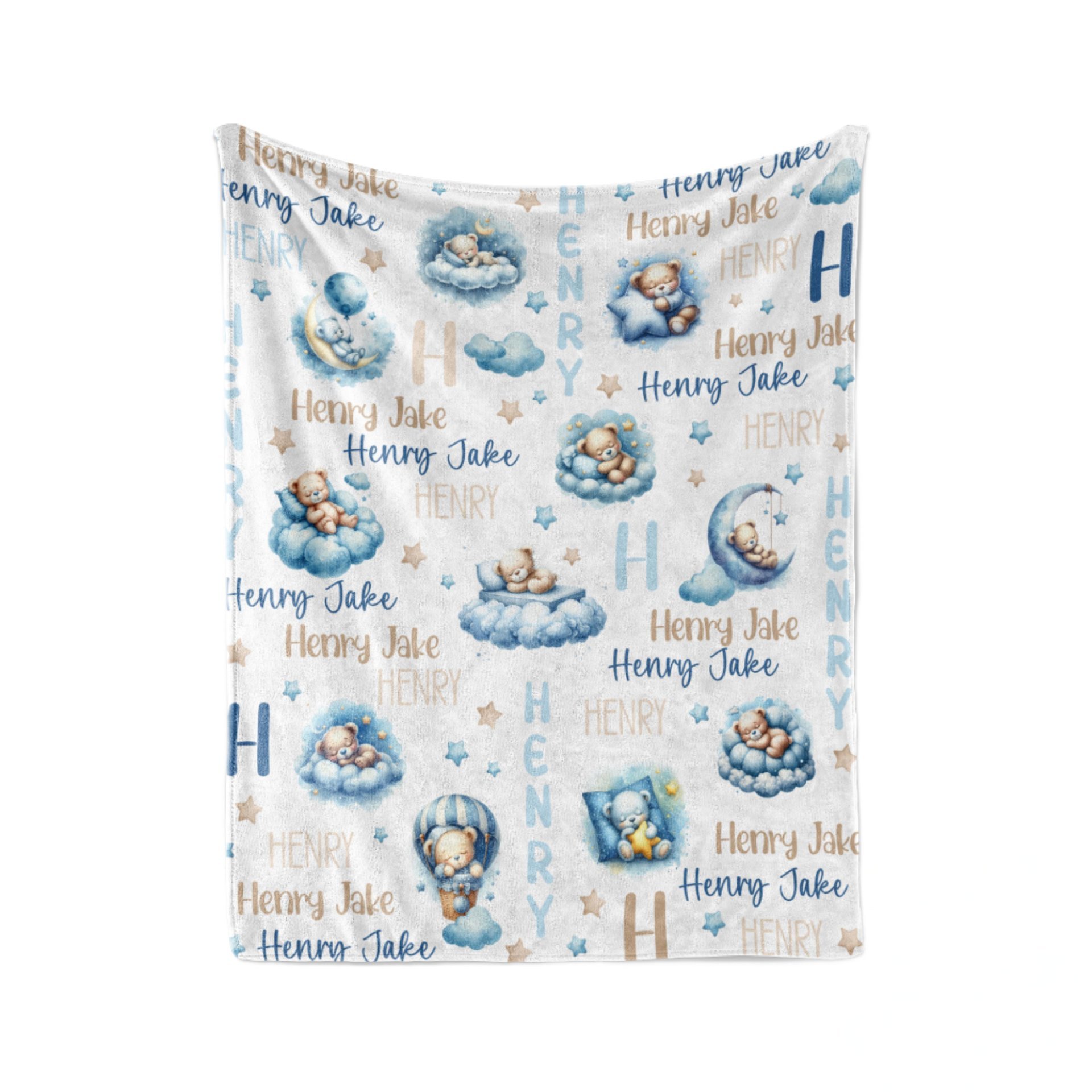 Personalized Blue Sleeping Teddy Bears Baby Blanket 